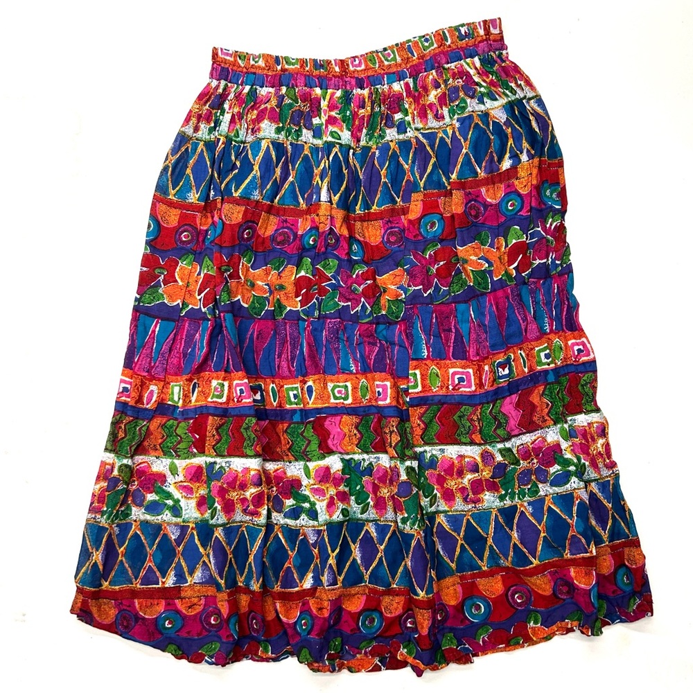 Vintage 90s Blue Cabana Hippie Boho Gauze Colorful Floral Women's Maxi Skirt